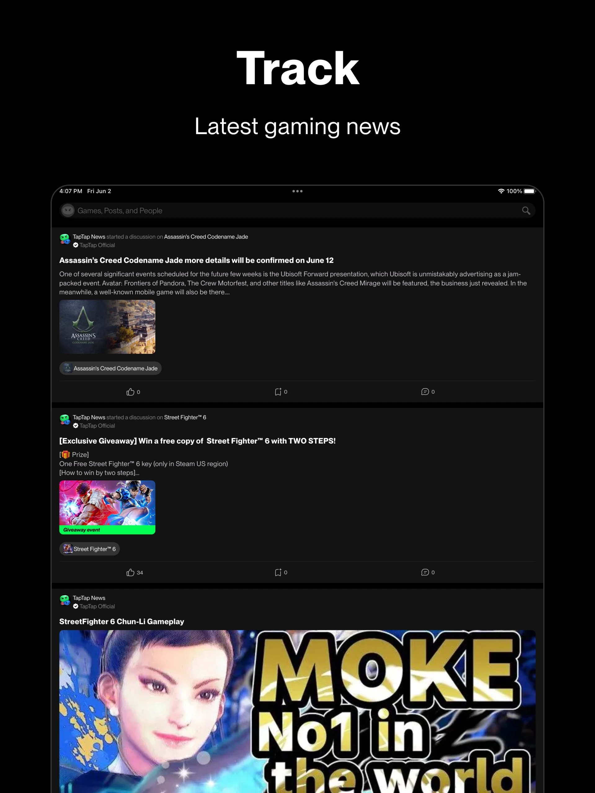 TapTap iPad gaming news feed with event and giveaway posts