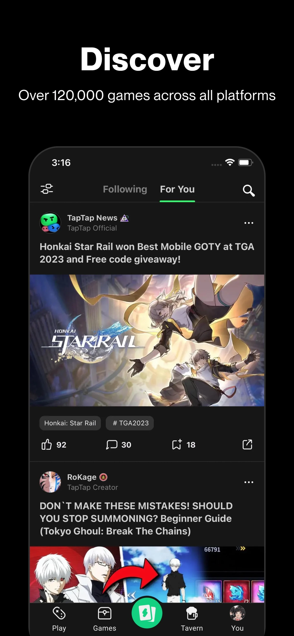 TapTap For You community feed with game news and bottom navigation