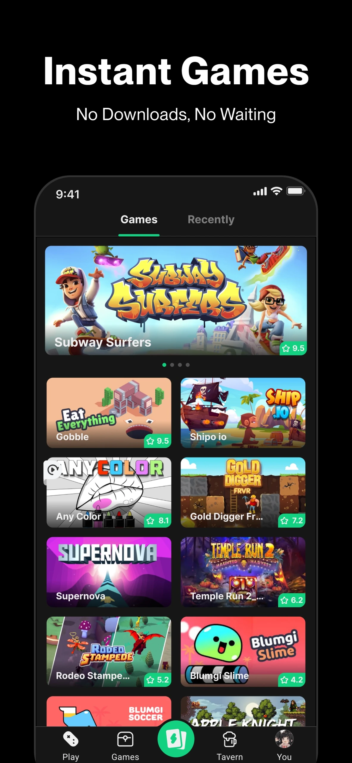 TapTap Instant Games grid with Subway Surfers and other playable games