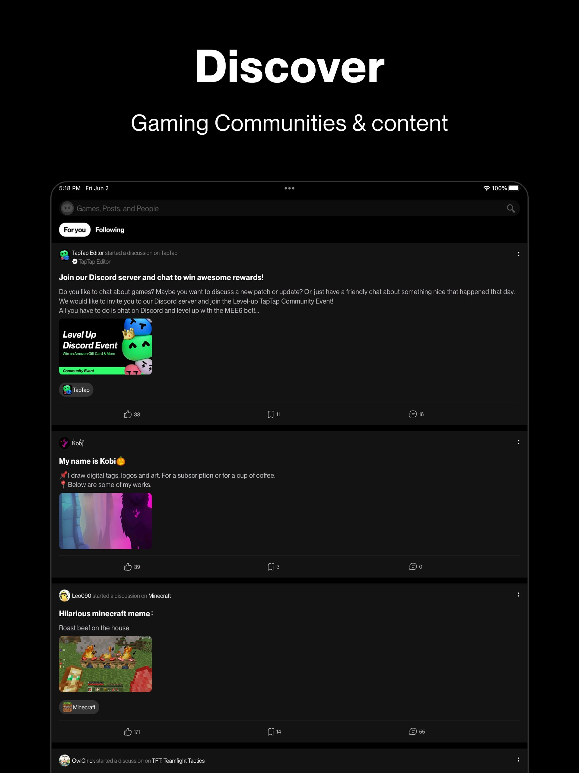 TapTap iPad community feed with posts and bottom navigation