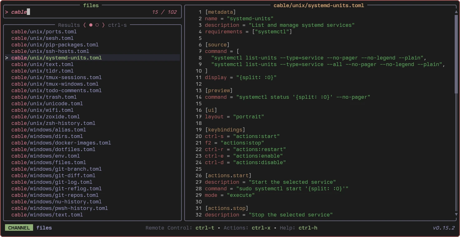 Television terminal fuzzy finder listing files on the left with a TOML file preview on the right