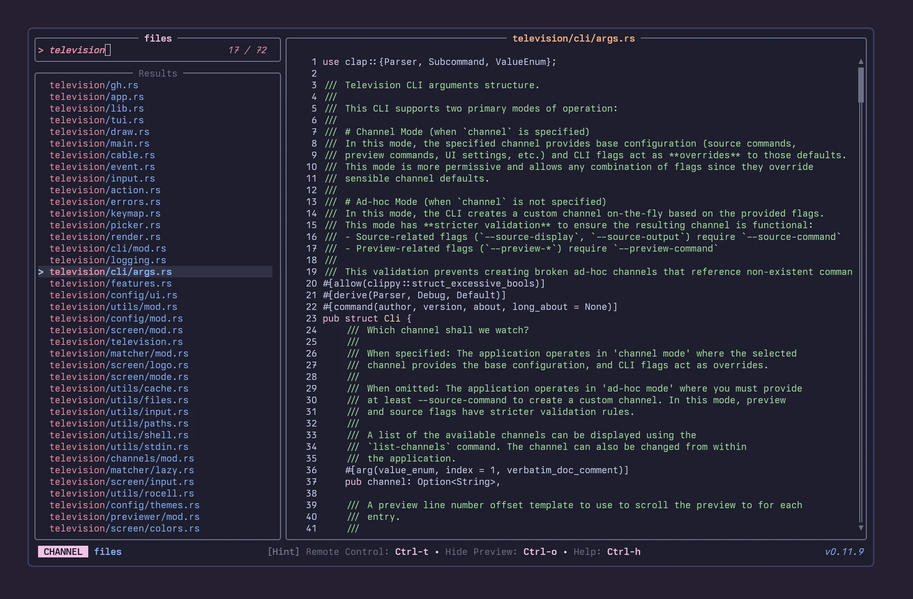 Television terminal fuzzy finder filtering source files with a Rust code preview in a dark theme