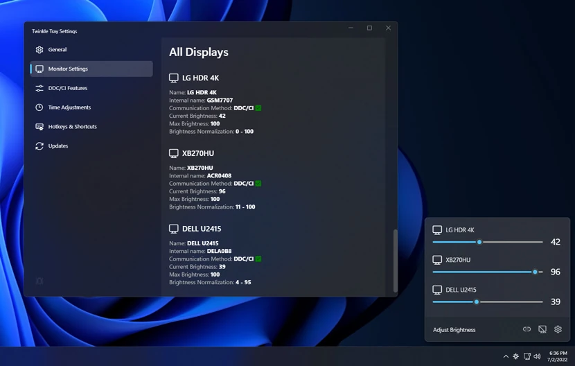 Twinkle Tray settings window listing three monitors beside the brightness flyout on Windows 11