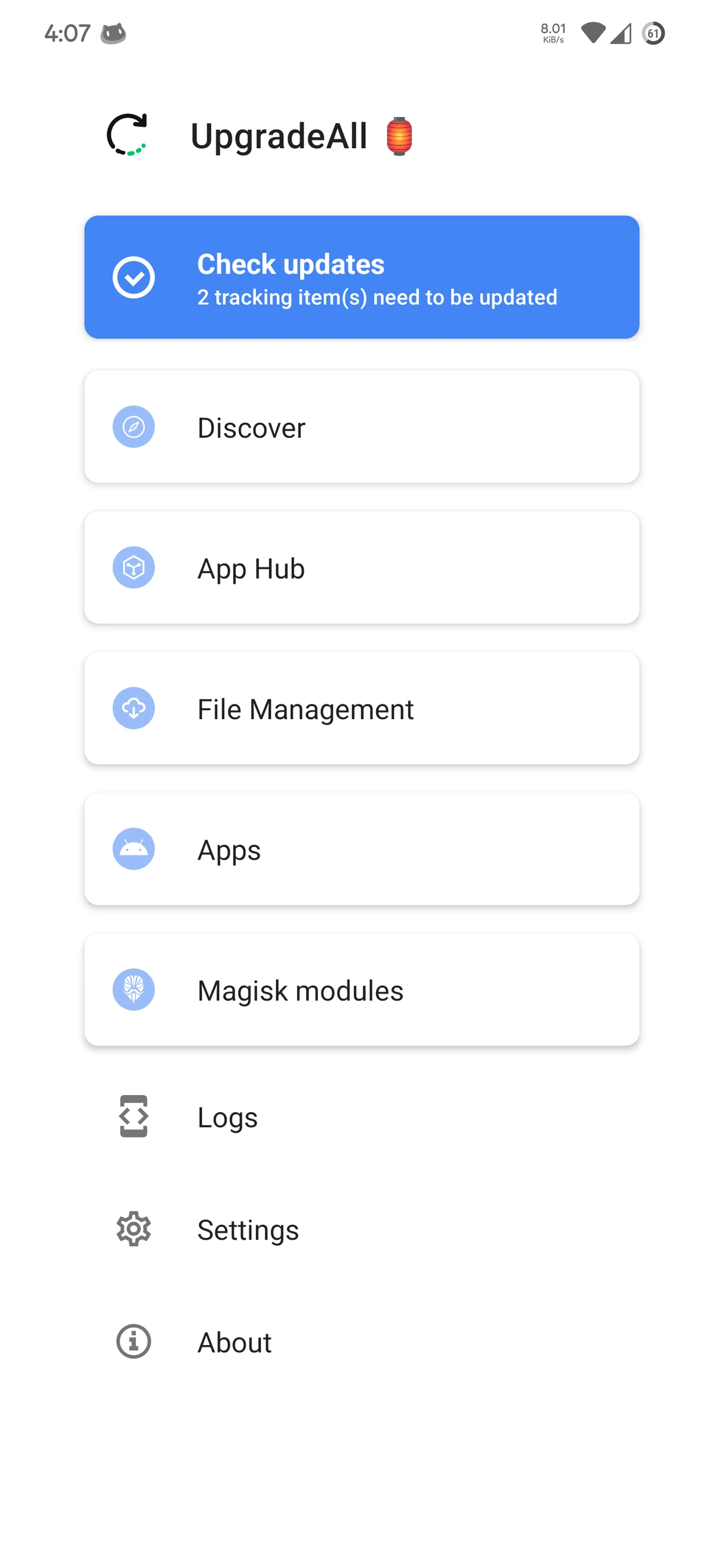 Home screen menu with Check updates, Discover, App Hub, Apps and Magisk modules