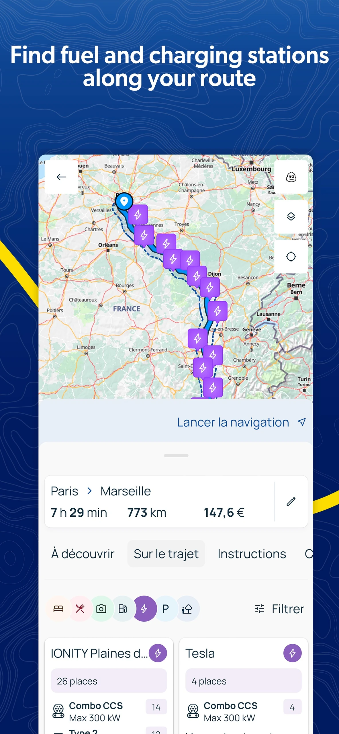 ViaMichelin route map with charging station markers and station connector results