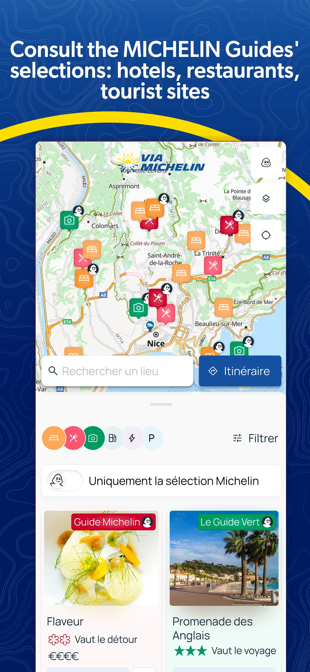 ViaMichelin map with Michelin guide restaurant and tourist destination results and filters