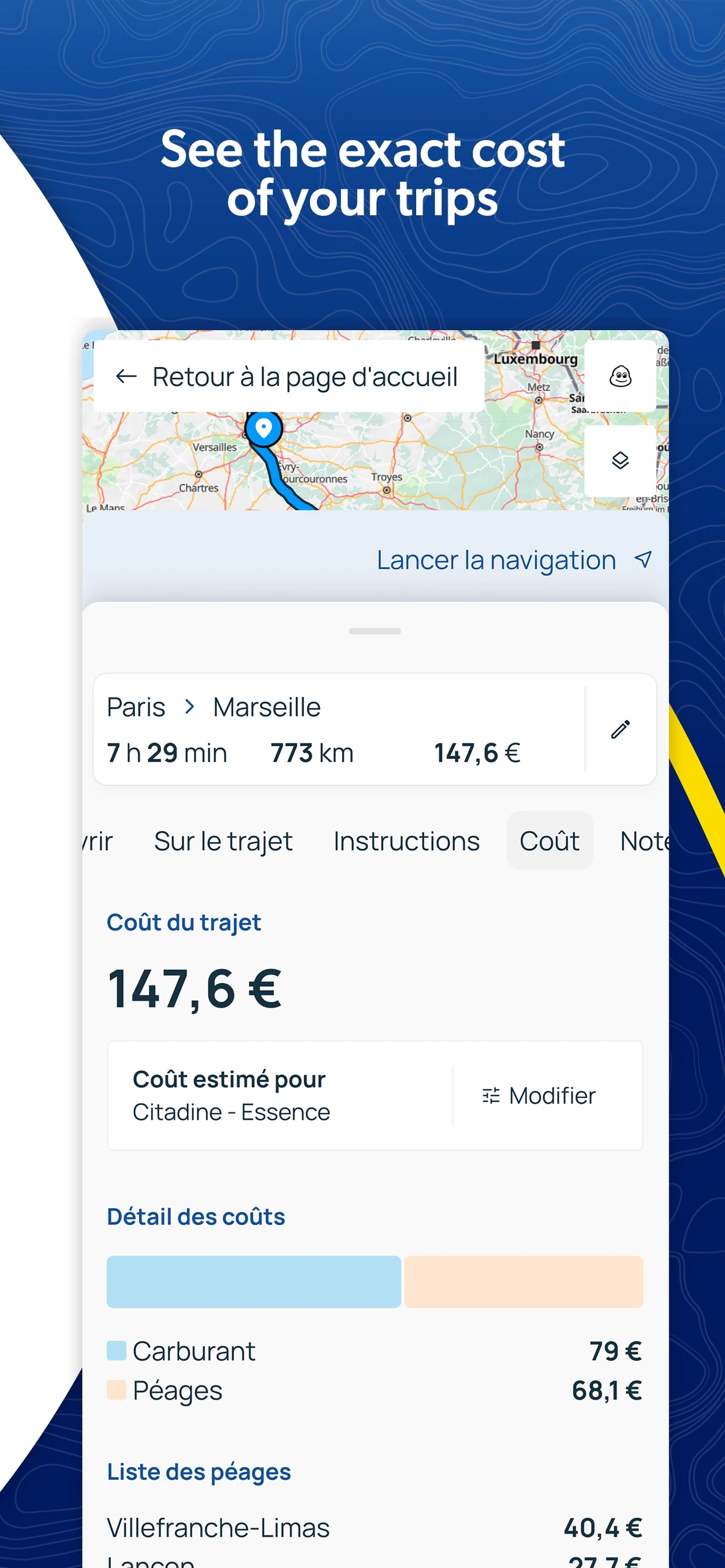 ViaMichelin route cost breakdown showing fuel and toll amounts for a Paris to Marseille trip