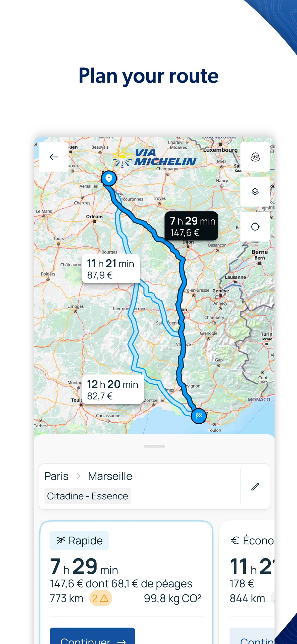ViaMichelin iPhone route map from Paris to Marseille with alternative travel times and costs