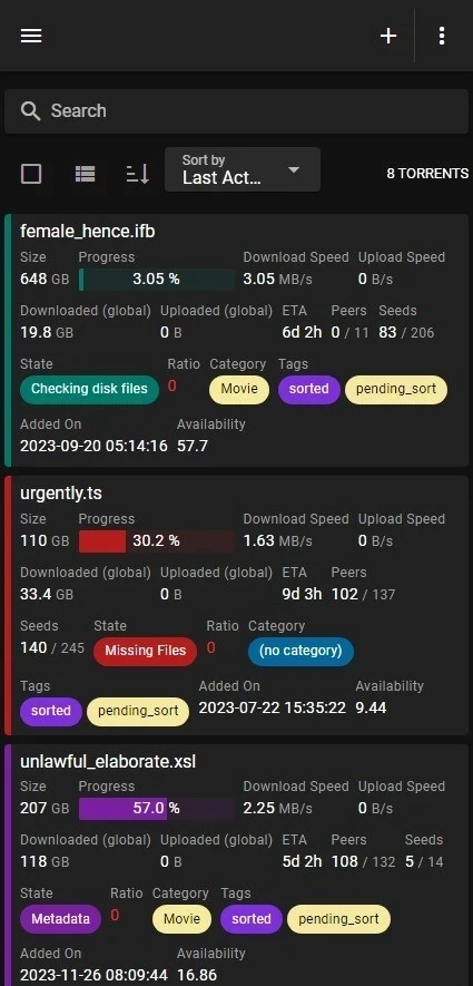 VueTorrent mobile transfer list