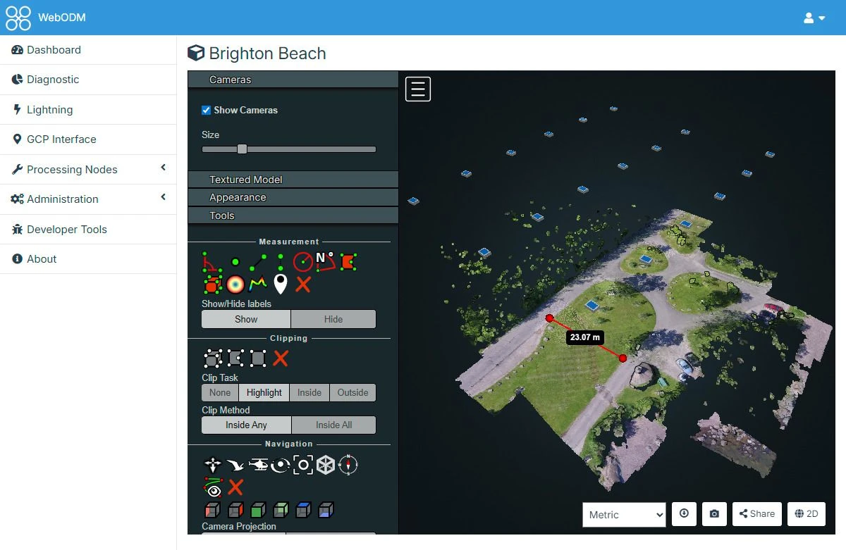 WebODM Brighton Beach 3D reconstruction with camera positions and a 23.07 metre measurement