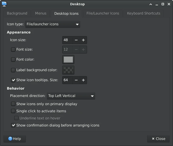 Xfce desktop settings dialog on the Desktop Icons tab with appearance and behavior options