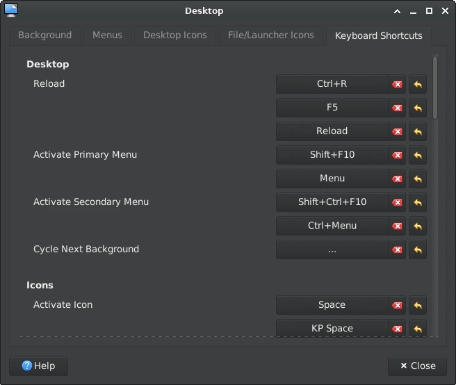 Xfce desktop settings dialog on the Keyboard Shortcuts tab listing desktop actions